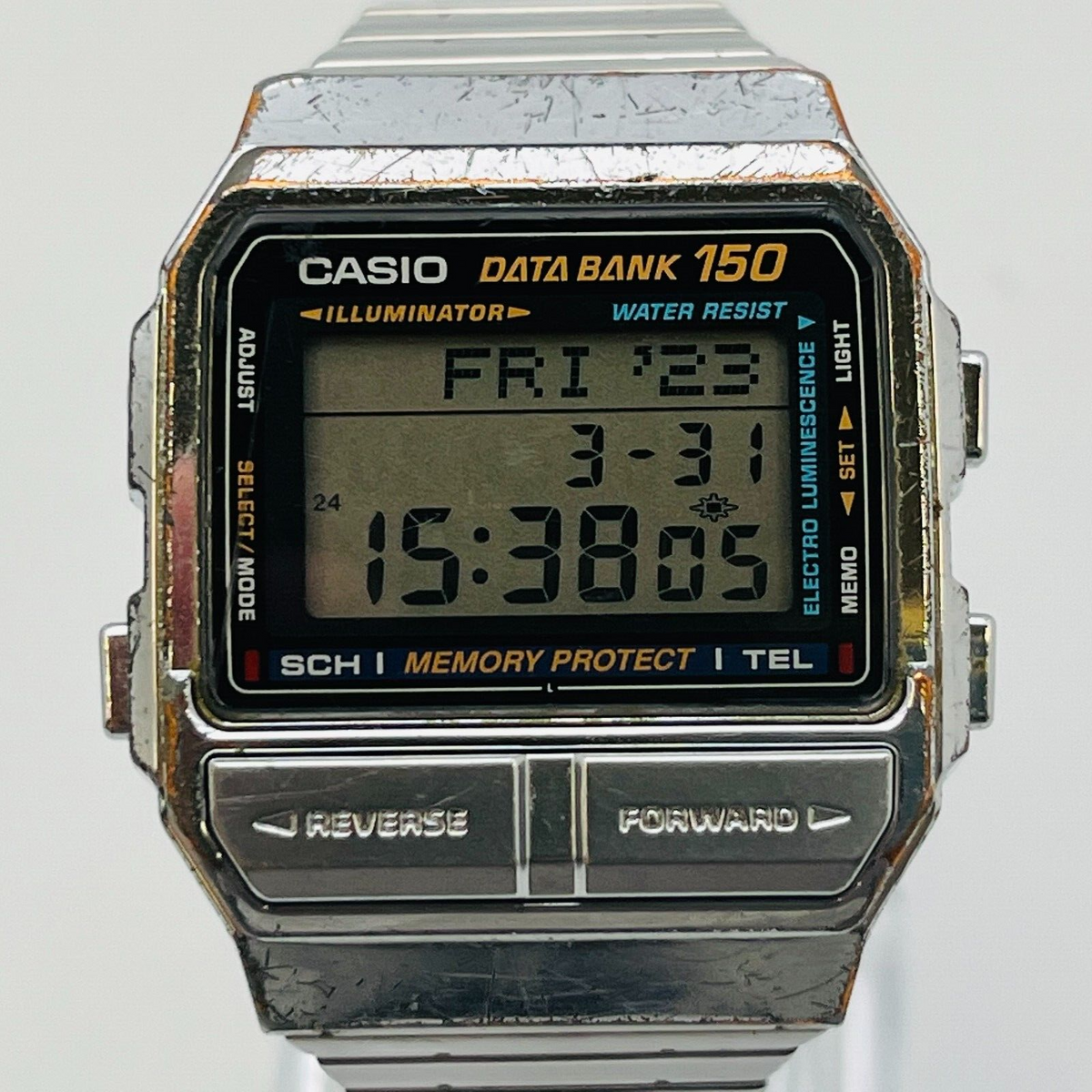 Casio data bank 150 DB 1500 digital quartz square dial stainless band 36.0mm