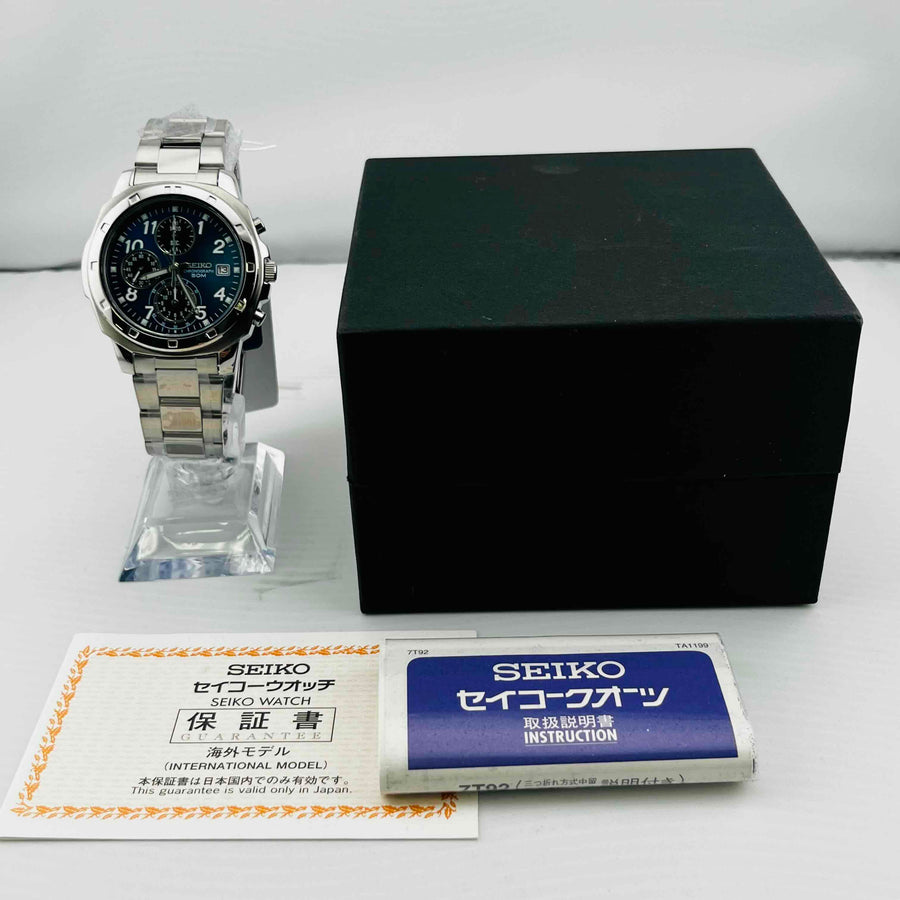 SEIKO blue dial CHRONOGRAPH 7T92-0CA0 Quartz date Men's Watch 36.3mm