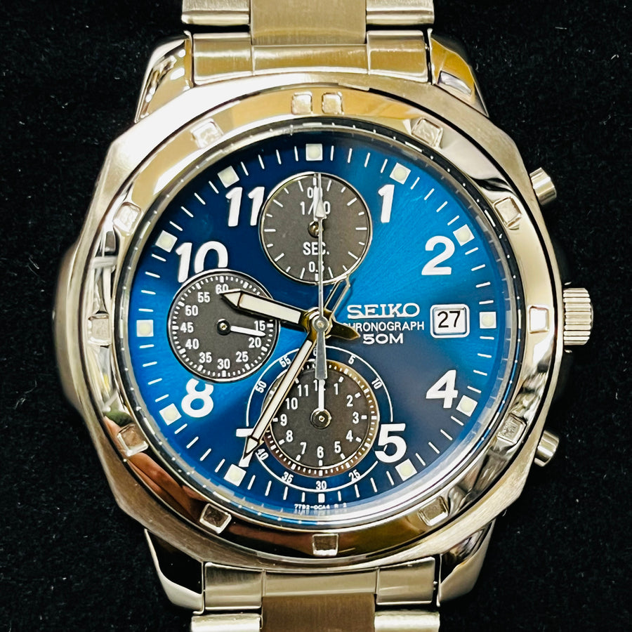 SEIKO blue dial CHRONOGRAPH 7T92-0CA0 Quartz date Men's Watch 36.3mm