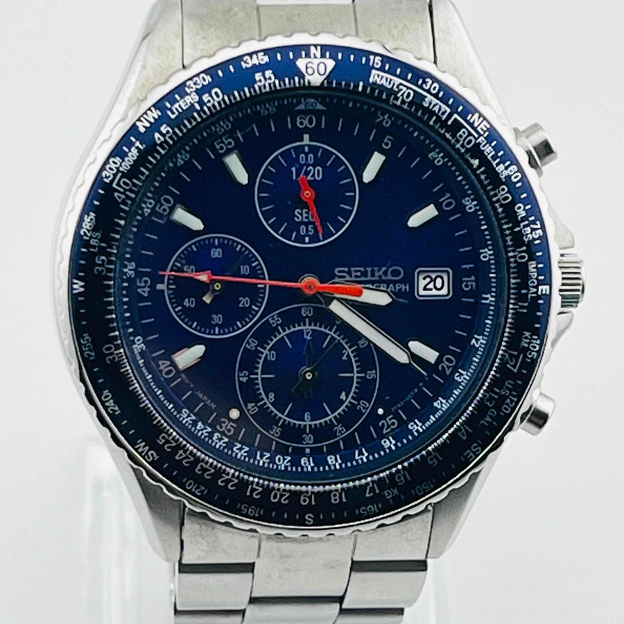 SEIKO 7T92-0CF0 Chronograph Quartz Blue Dial Date Men's Watch 39.5mm