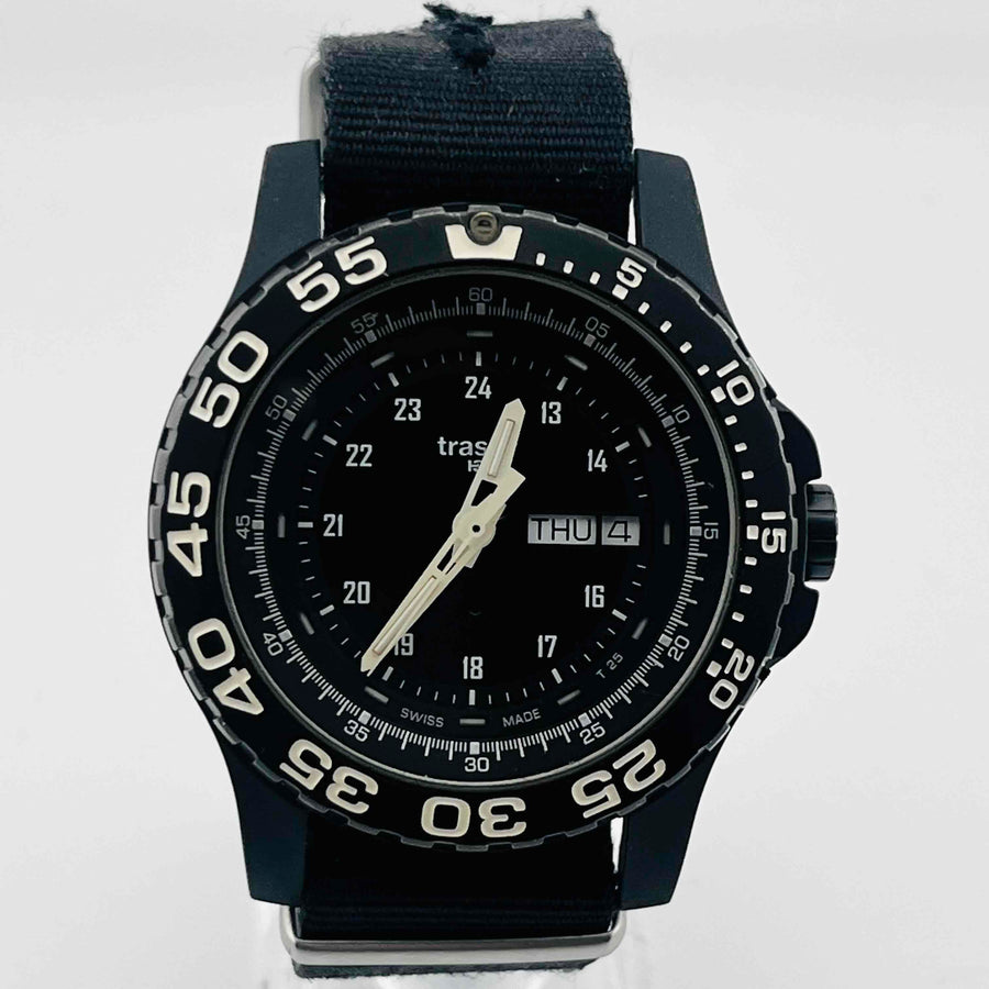 Traser 0131758 quartz day date Bezel and dial are black Belt has scratches and dirt 44.2mm