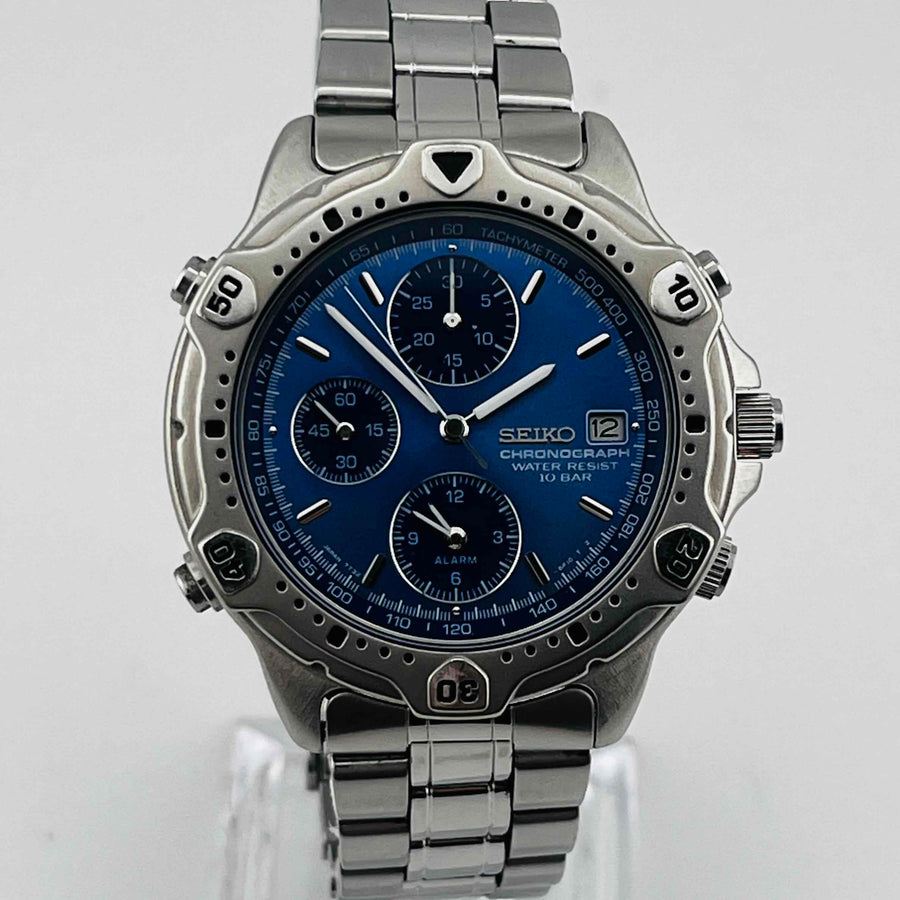 SEIKO 7T32-6E40 Quartz chronograph blue dial men's watch 36.8mm