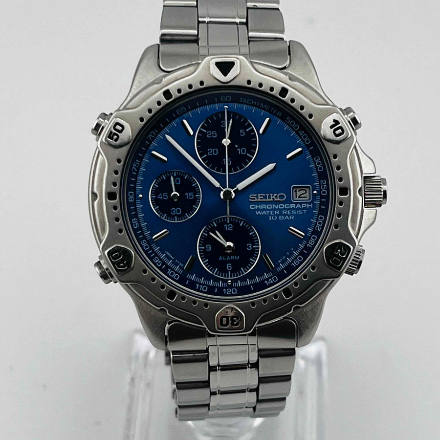 SEIKO 7T32-6E40 Quartz chronograph blue dial men's watch 36.8mm