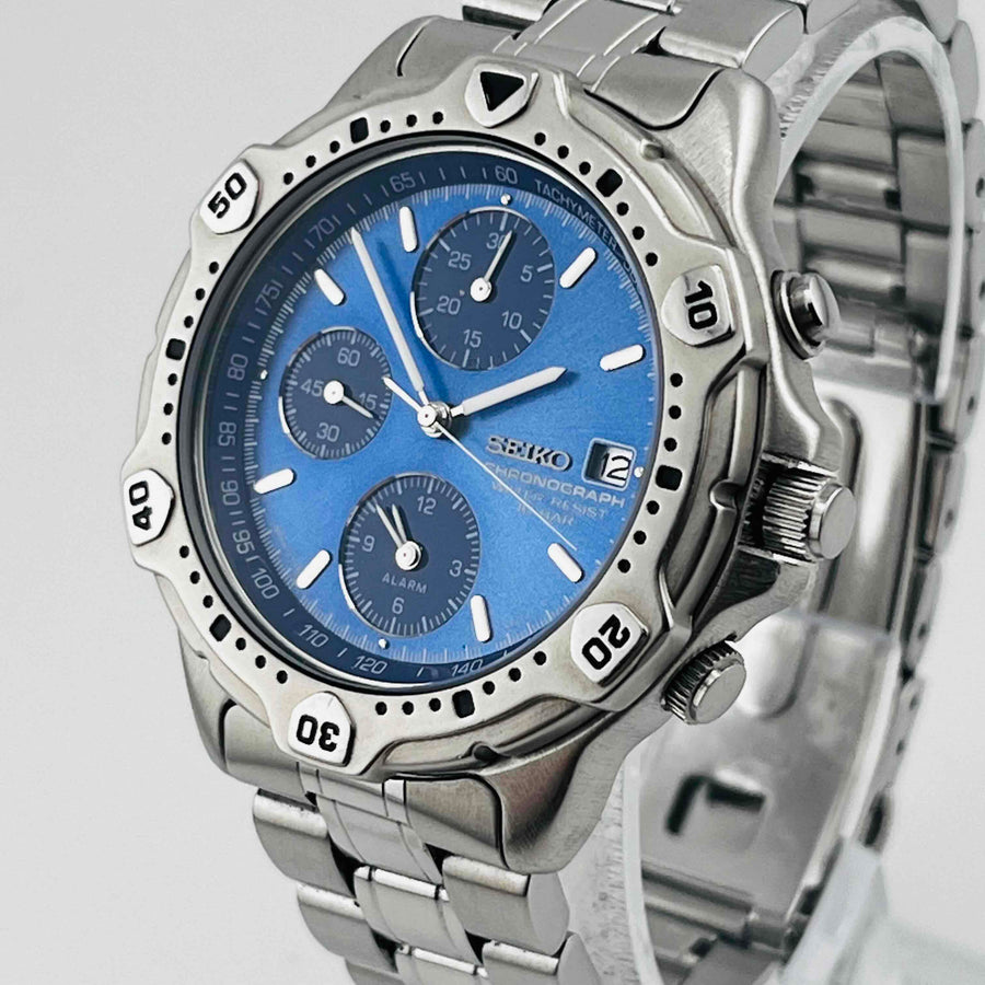 SEIKO 7T32-6E40 Quartz chronograph blue dial men's watch 36.8mm