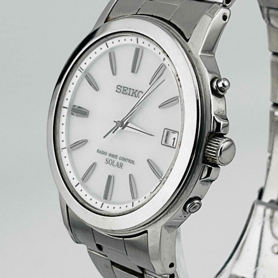 SEIKO 7B52-0AF0 Stainless steel GP solar radio white dial men's watch 35.0mm