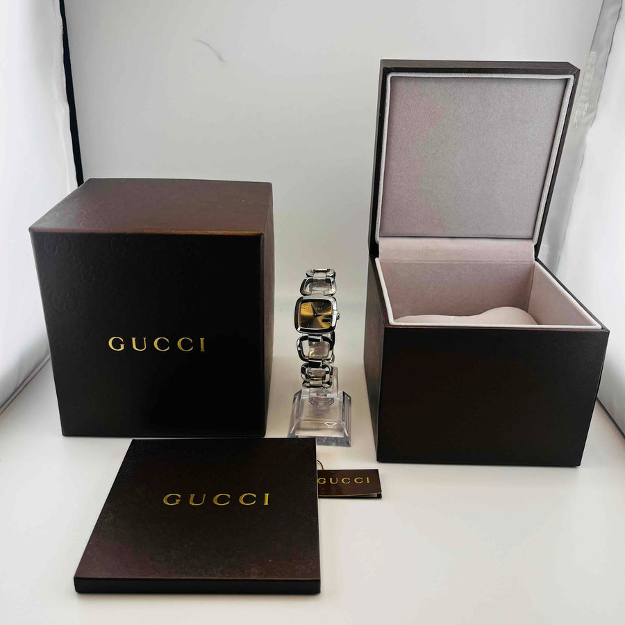 GUCCI 125.5 YA125507 Quartz Silver Brown Dial Analog Women's Watch 23.7mm