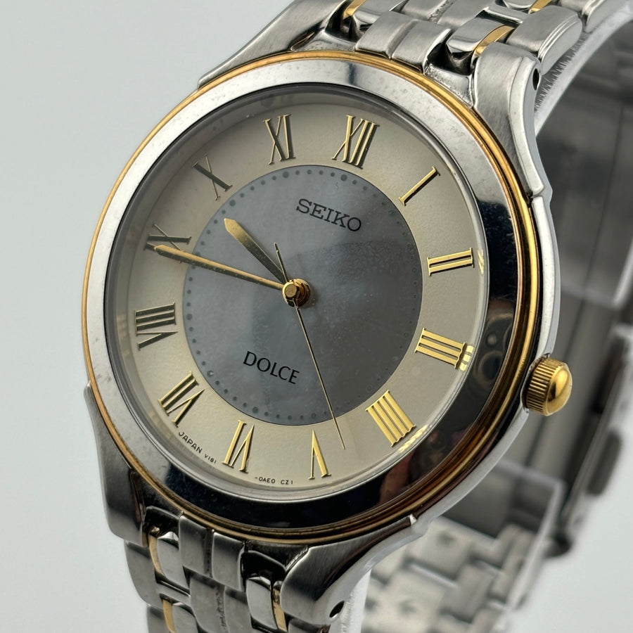 SEIKO DOLCE V181-0AC0 Solar White shell dial Men's Watches Silver Gold 33.5mm