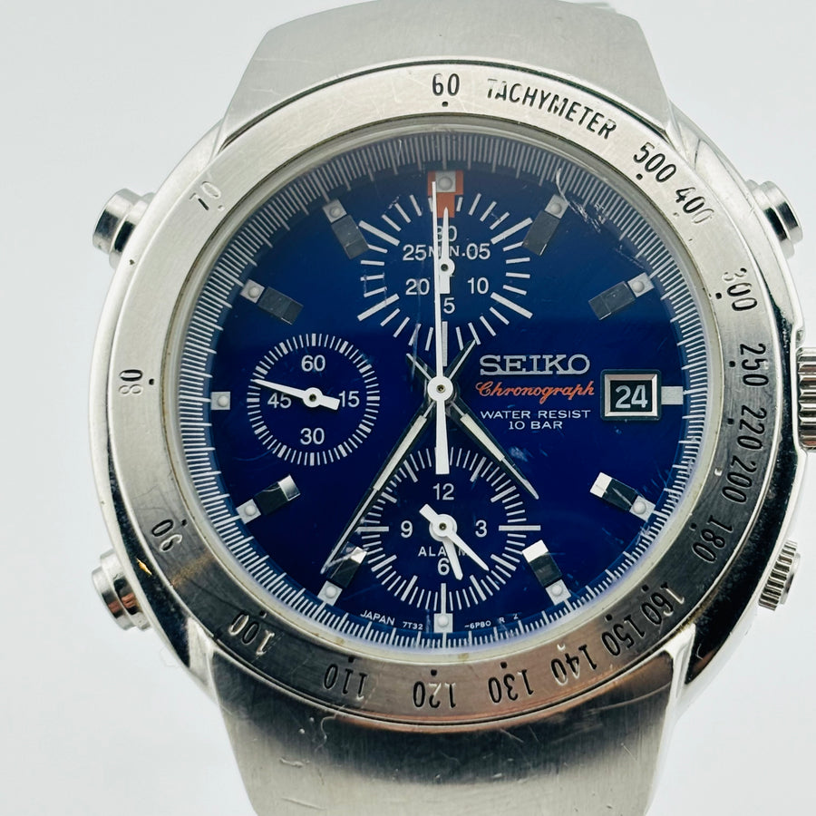 SEIKO 7T32-6L70 Quartz Chronograph Windshield has scratches Blue Dial 37.0mm