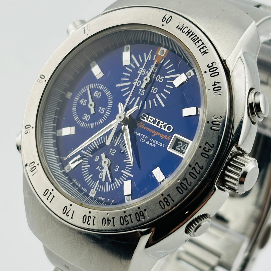 SEIKO 7T32-6L70 Quartz Chronograph Windshield has scratches Blue Dial 37.0mm