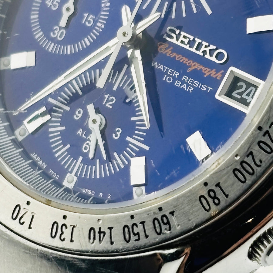 SEIKO 7T32-6L70 Quartz Chronograph Windshield has scratches Blue Dial 37.0mm