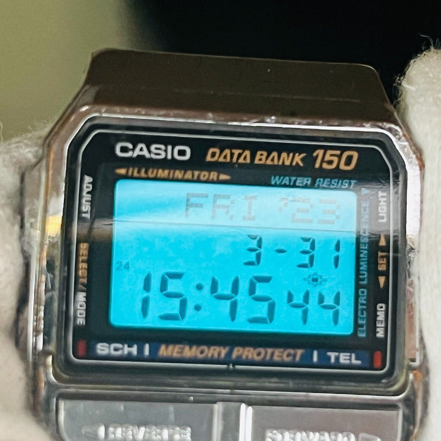 Casio data bank 150 DB-1500 digital quartz square dial stainless band 36.0mm