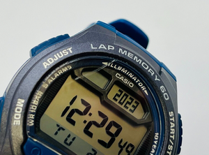 Casio sports gear LAP MEMORY 60 W-734J-2AJF blue with windshield scratches 38.5m