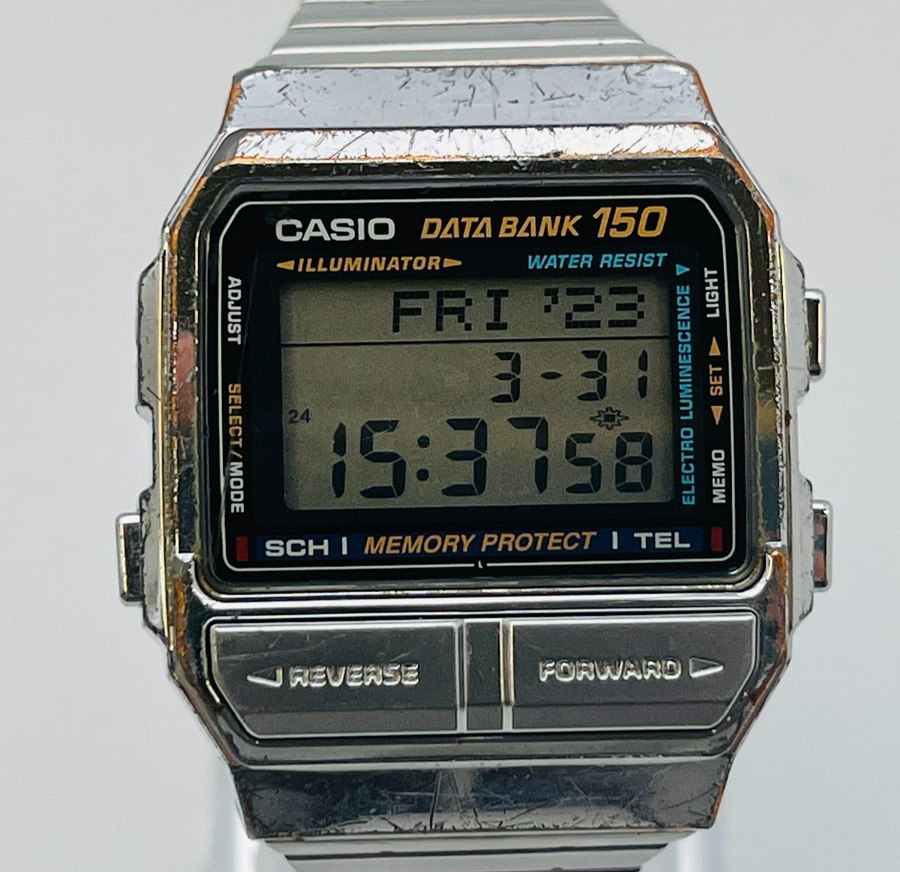 Casio data bank 150 DB 1500 digital quartz square dial stainless band 36.0mm