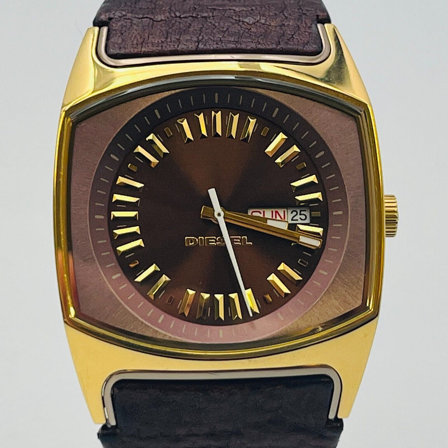 DIESEL DZ-5167 quartz analog leather day date brown dial 37.1mm battery replaced